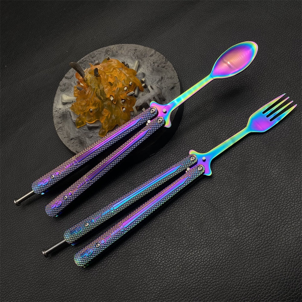 Stainless Steel  Rainbow Fork Spoon Balisong Butterfly Trainer 