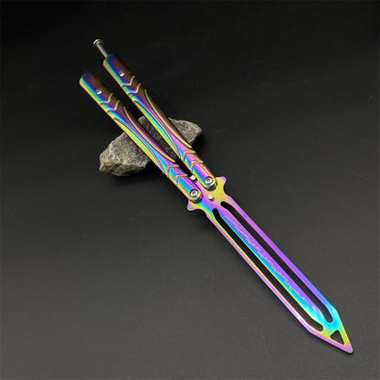 Stainless Steel Blunt Blade Rainbow Color Sword Head Comb Balisong Training Knife EDC