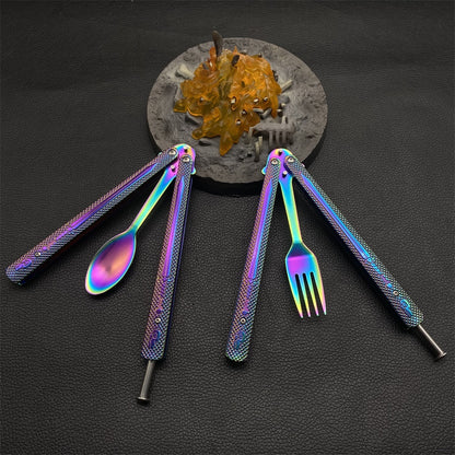 Stainless Steel  Rainbow Fork Spoon Balisong Butterfly Trainer 