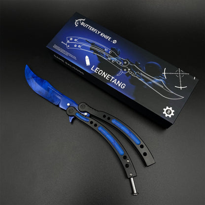 CS Butterfly Knife Blue Doppler Unsharpened Balisong Trainer - Dull Blade Replica