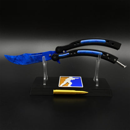 CS Butterfly Knife Blue Doppler Unsharpened Balisong Trainer - Dull Blade Replica