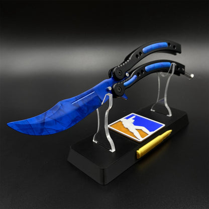 CS Butterfly Knife Blue Doppler Unsharpened Balisong Trainer - Dull Blade Replica