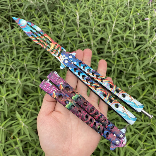 Stainless Steel Balisong Trainer 3D Printed Image Handle Blunt Blade Balisong Training Knife