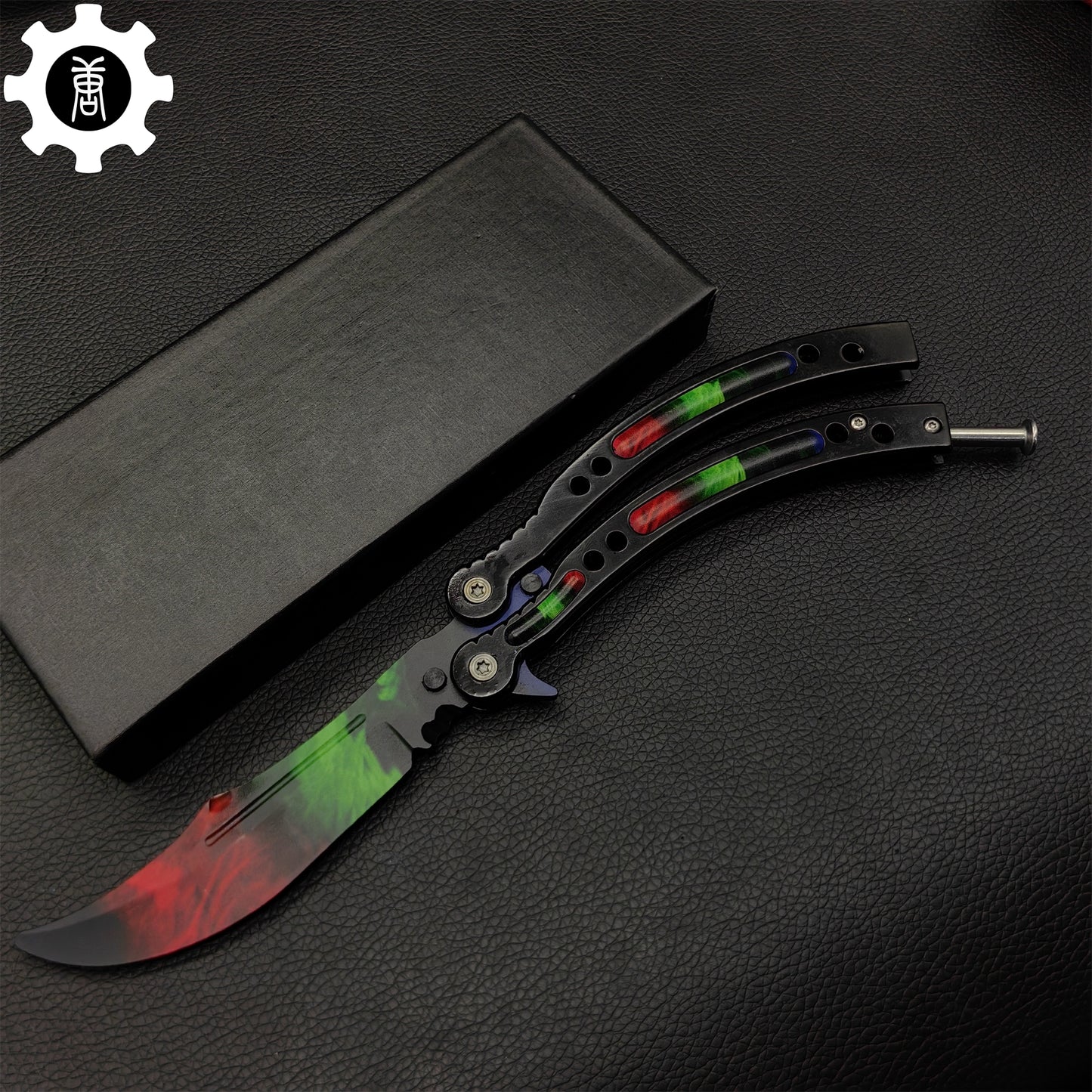 Game Butterfly Knife Green Red Pattern Metal Balisong Trainer
