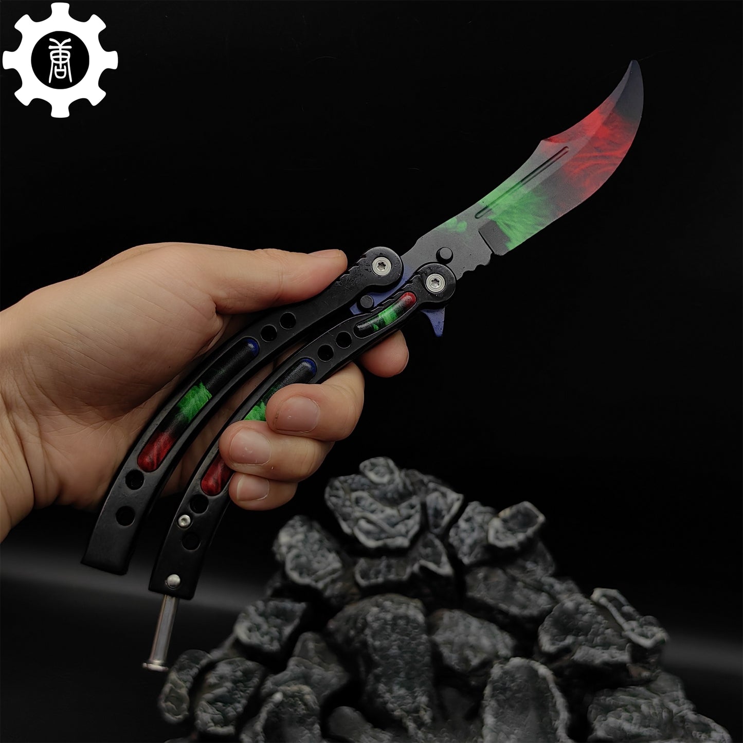 Game Butterfly Knife Green Red Pattern Metal Balisong Trainer