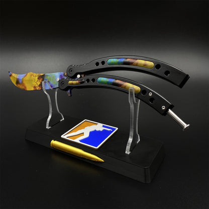 Case Hardened Blue Gem Butterfly Knife Trainer - Dull Blade Replica