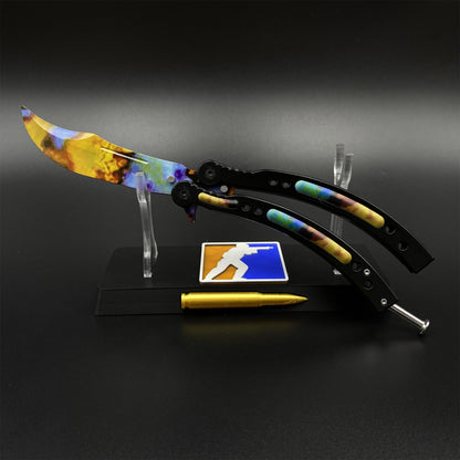 Case Hardened Blue Gem Butterfly Knife Trainer - Dull Blade Replica