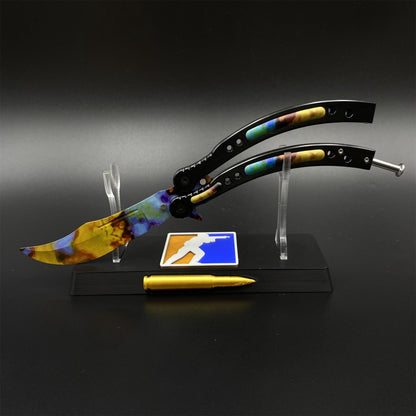 Case Hardened Blue Gem Butterfly Knife Trainer - Dull Blade Replica