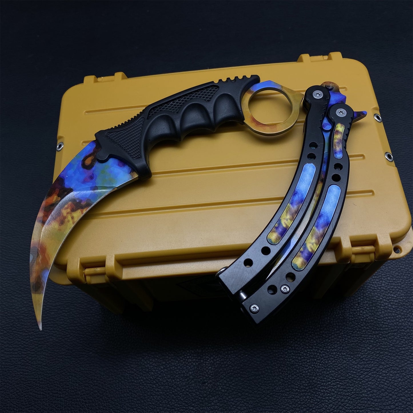 Case Hardened Blunt Blade Karambit Trainer & Balisong Butterfly Knife Trainer 2 in 1 Pack Gift Box