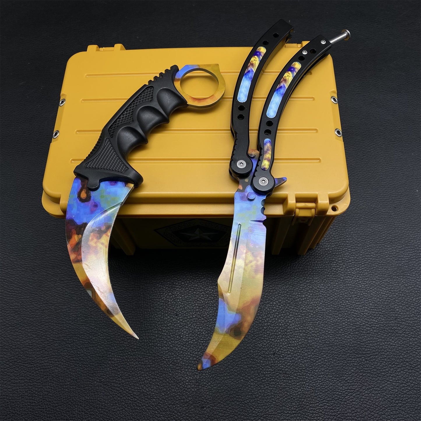 Case Hardened Blunt Blade Karambit Trainer & Balisong Butterfly Knife Trainer 2 in 1 Pack Gift Box