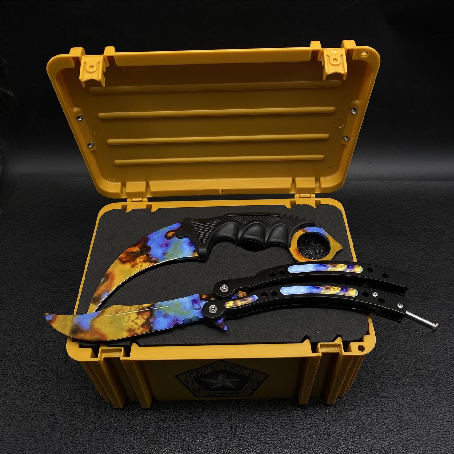 Case Hardened Blunt Blade Karambit Trainer & Balisong Butterfly Knife Trainer 2 in 1 Pack Gift Box