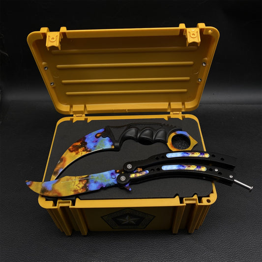 Case Hardened Blunt Blade Karambit Trainer & Balisong Butterfly Knife Trainer 2 in 1 Pack Gift Box