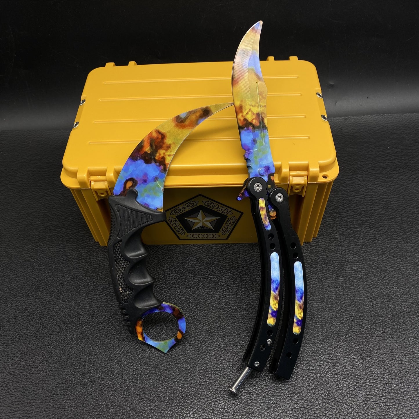 Case Hardened Blunt Blade Karambit Trainer & Balisong Butterfly Knife Trainer 2 in 1 Pack Gift Box