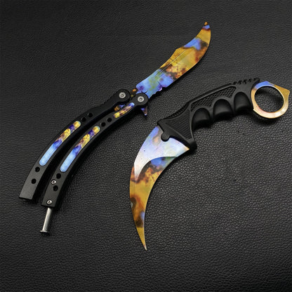 Case Hardened Blunt Blade Karambit Trainer & Balisong Butterfly Knife Trainer 2 in 1 Pack Gift Box