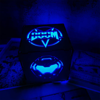 Doomguy Helmet Satan Pattern Wood Cube Light Desk Decor
