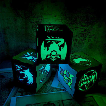 Doomguy Helmet Satan Pattern Wood Cube Light Desk Decor