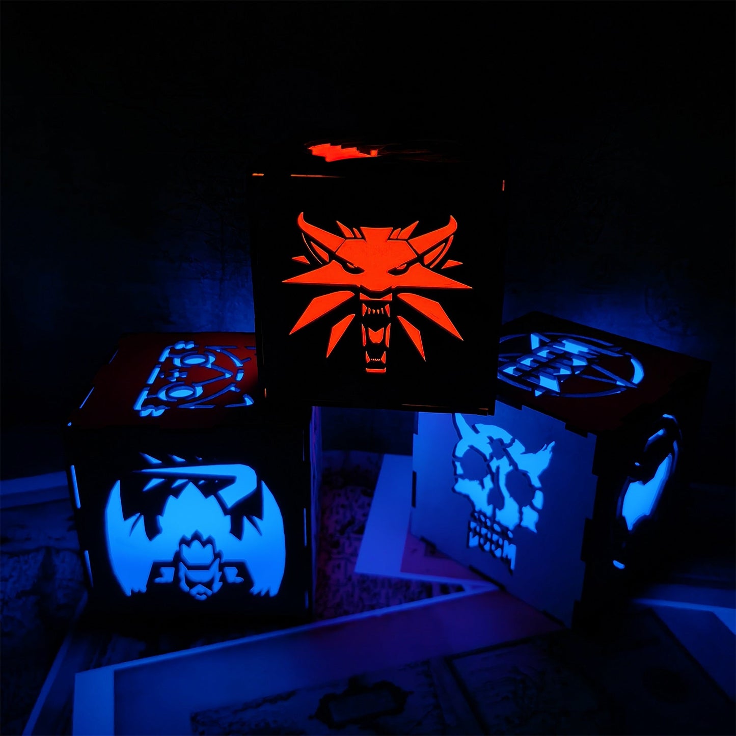 Geralt Wolf School Badge Wood Cube Light Desk Decor