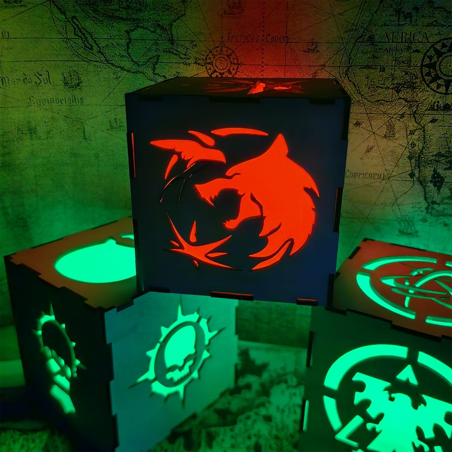 Geralt Wolf School Badge Wood Cube Light Desk Decor