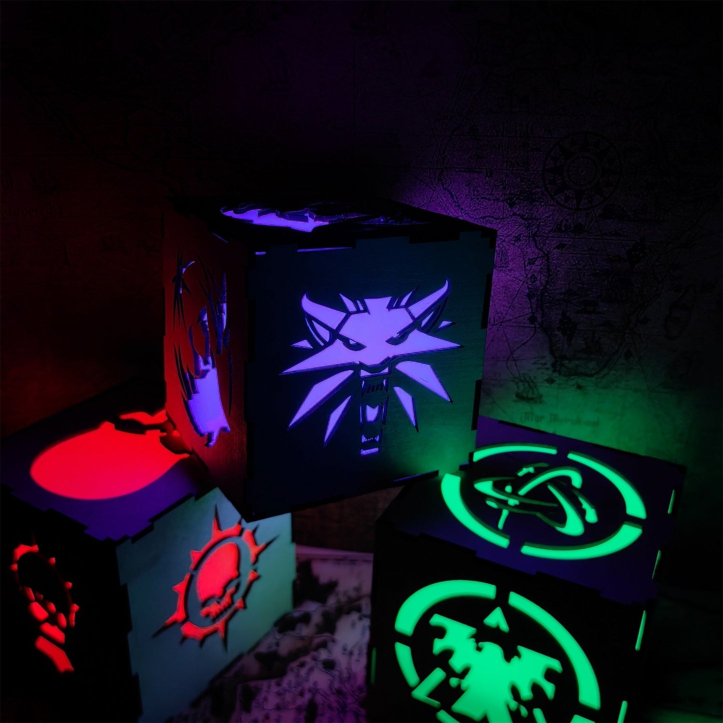 Geralt Wolf School Badge Wood Cube Light Desk Decor