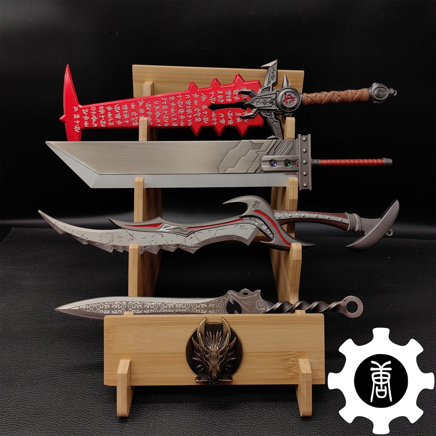 Dragon Head 4-Layer Wooden Holder Dagger Short Sword Display Stand