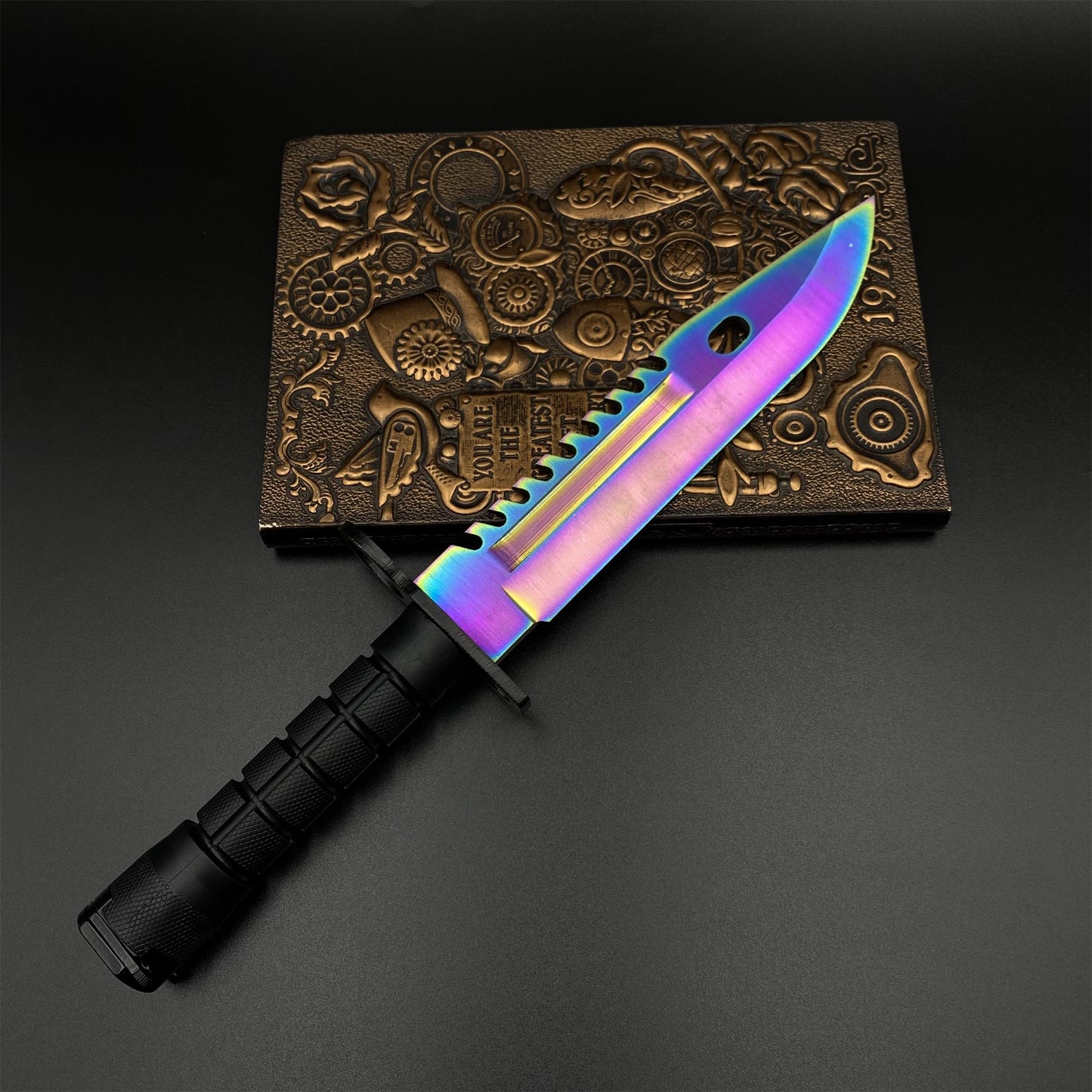 Life-Size CS Rainbow Titanium Fade M9 Bayonet 420 Steel Dull Blade Replica For Collection