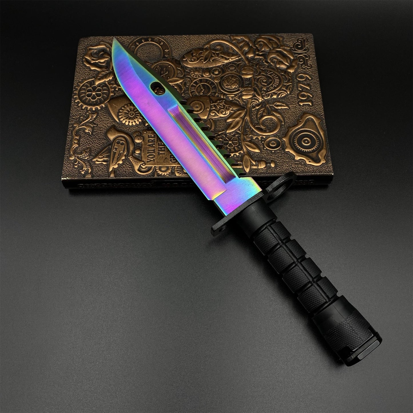 Life-Size CS Rainbow Titanium Fade M9 Bayonet 420 Steel Dull Blade Replica For Collection