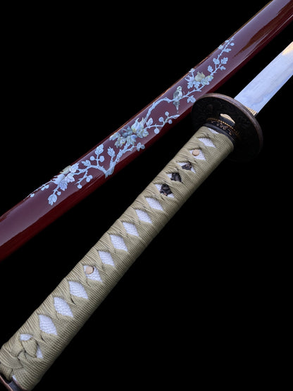 Traditional Japanese Katana Magpie Playing With Plum Blossoms