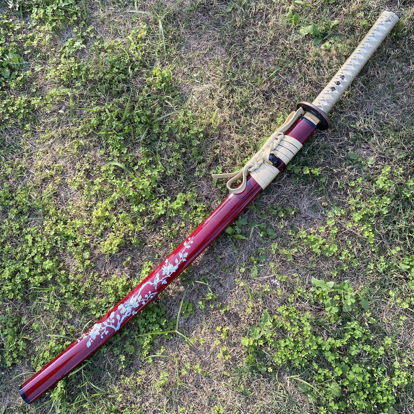 Traditional Japanese Katana Magpie Playing With Plum Blossoms
