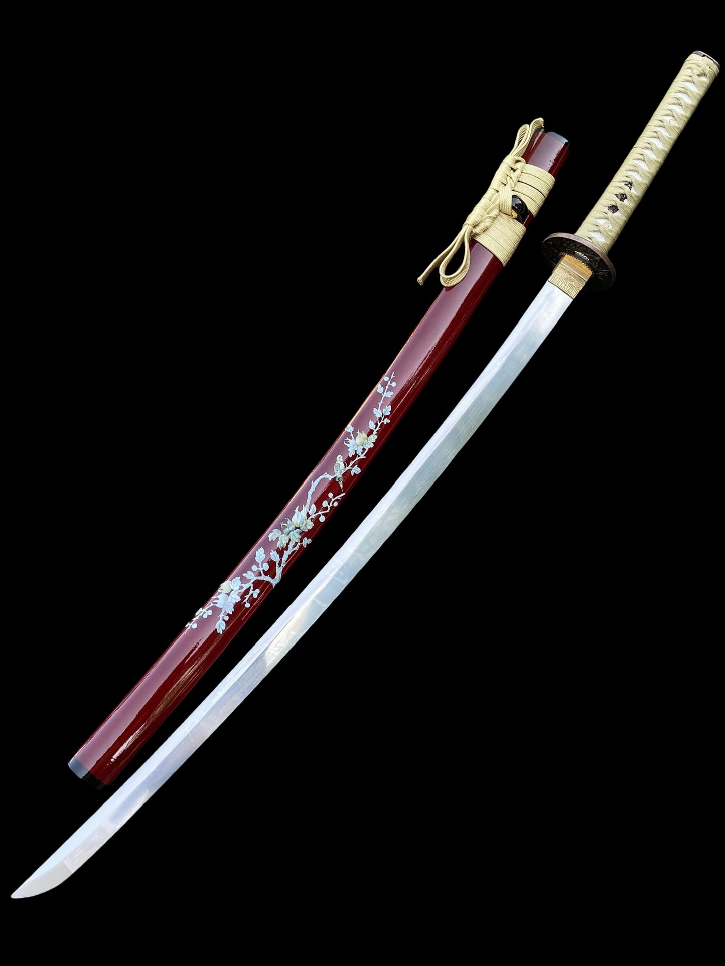 Traditional Japanese Katana Magpie Playing With Plum Blossoms
