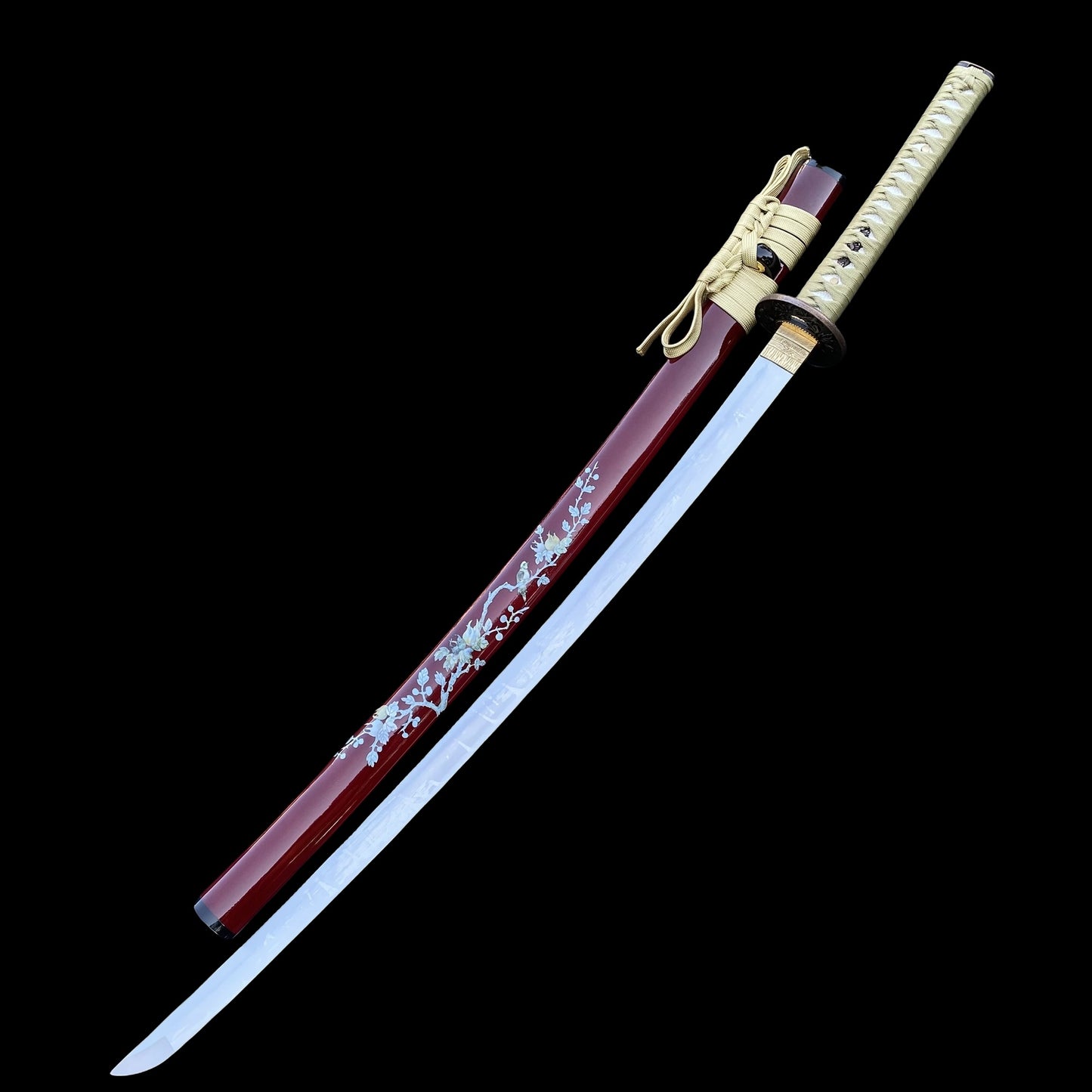 Traditional Japanese Katana Magpie Playing With Plum Blossoms