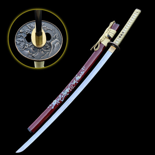 Traditional Japanese Katana Magpie Playing With Plum Blossoms
