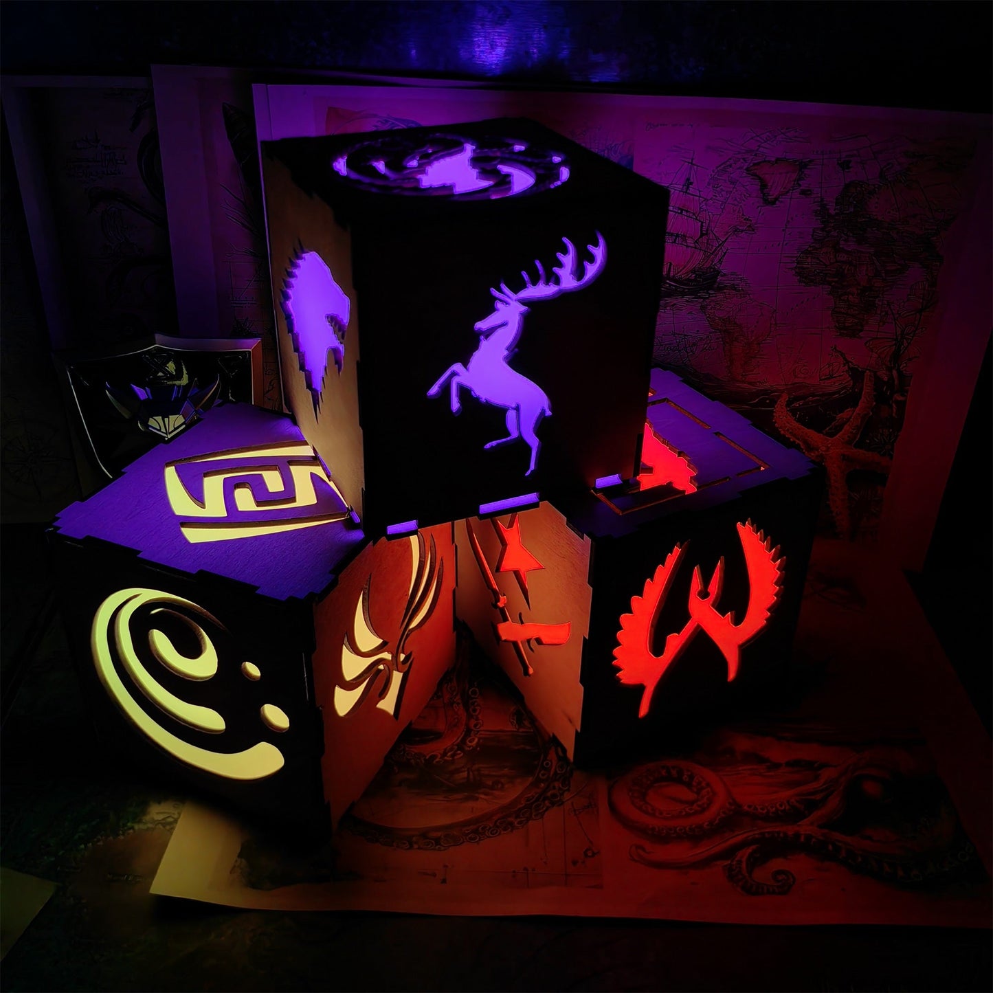 Middle Age Clan Insignia Wood Cube Light Desk Decor