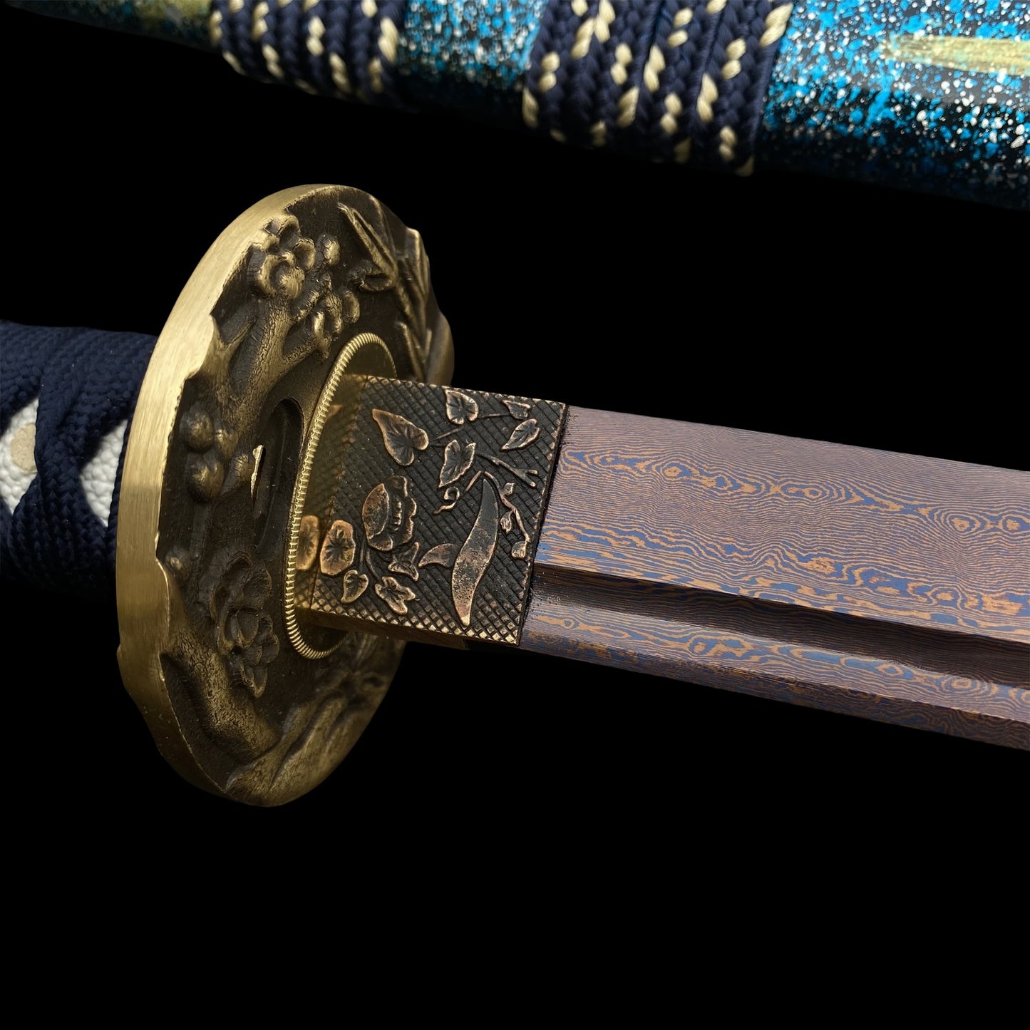 Plum Blossom Tsuba Red Damascus Steel Samurai Katana