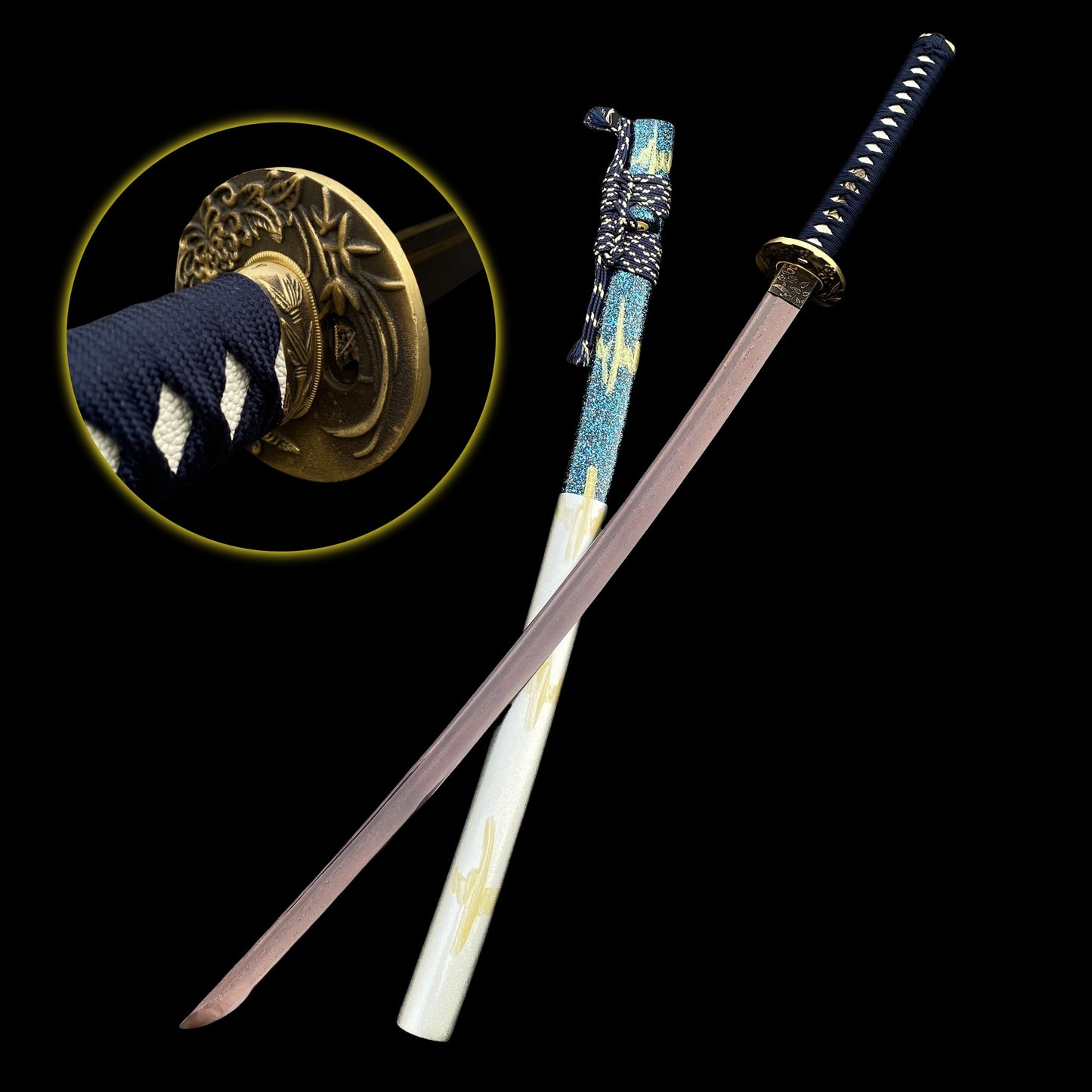 Plum Blossom Tsuba Red Damascus Steel Samurai Katana