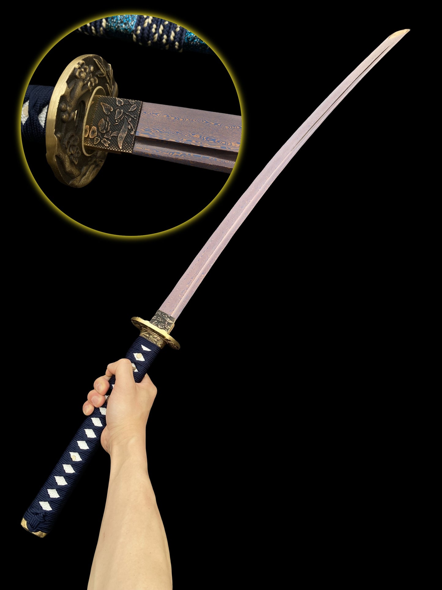 Plum Blossom Tsuba Red Damascus Steel Samurai Katana