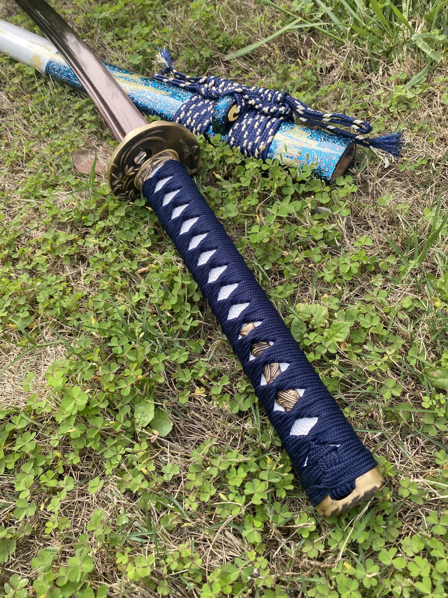Plum Blossom Tsuba Red Damascus Steel Samurai Katana