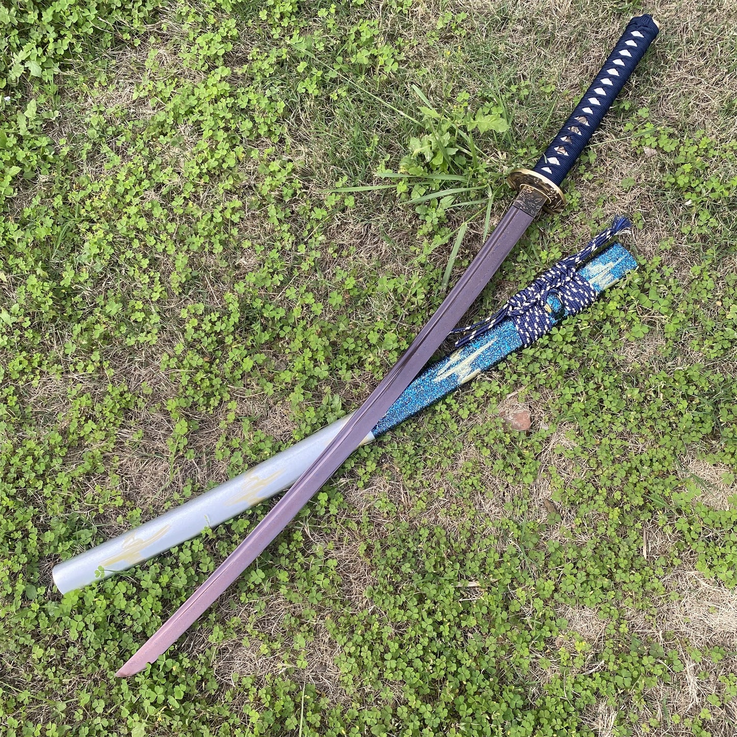 Plum Blossom Tsuba Red Damascus Steel Samurai Katana
