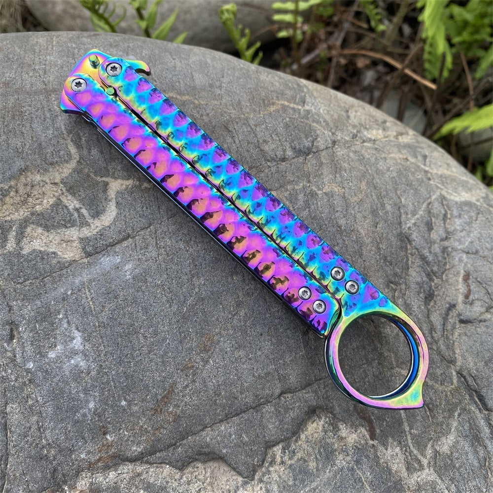 Blunt Blade Titanium Colored Stainless Steel Karambit Shape Balisong Butterfly Knife Trainer