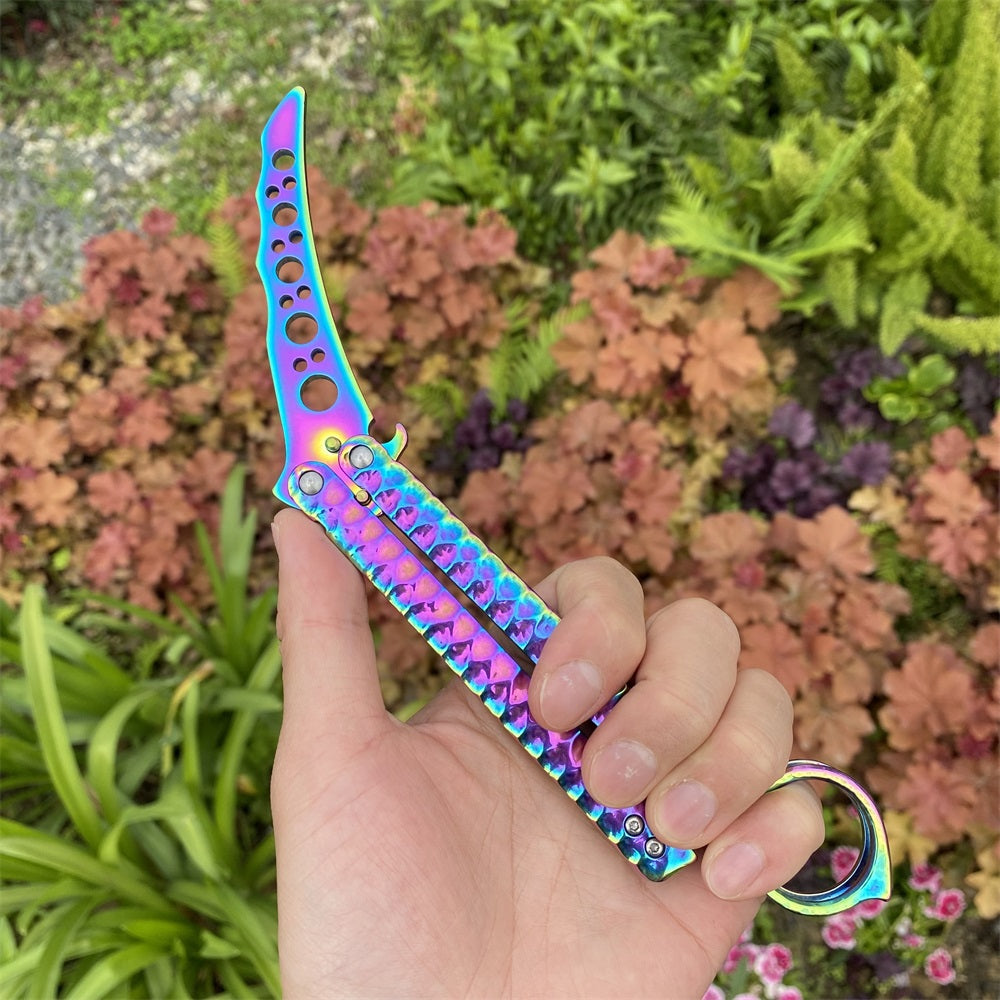 Blunt Blade Titanium Colored Stainless Steel Karambit Shape Balisong Butterfly Knife Trainer