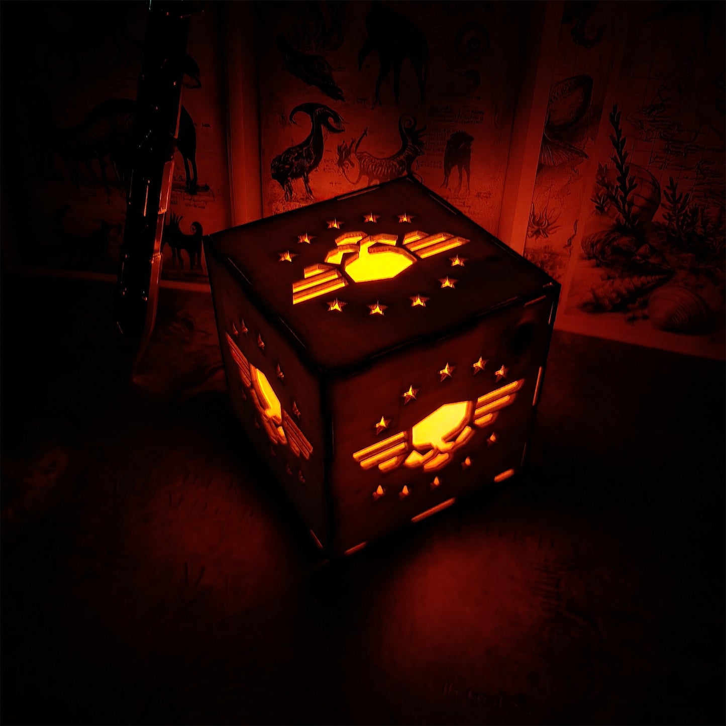 Winged Skull Badge Wood Cube Light Desk Decor