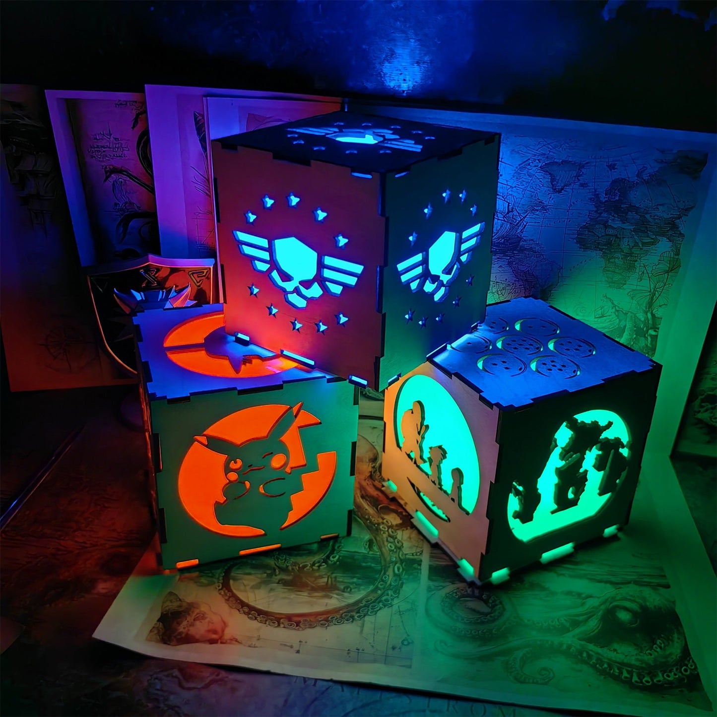 Winged Skull Badge Wood Cube Light Desk Decor