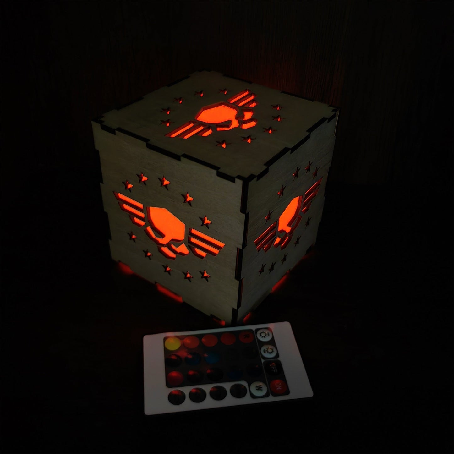 Winged Skull Badge Wood Cube Light Desk Decor