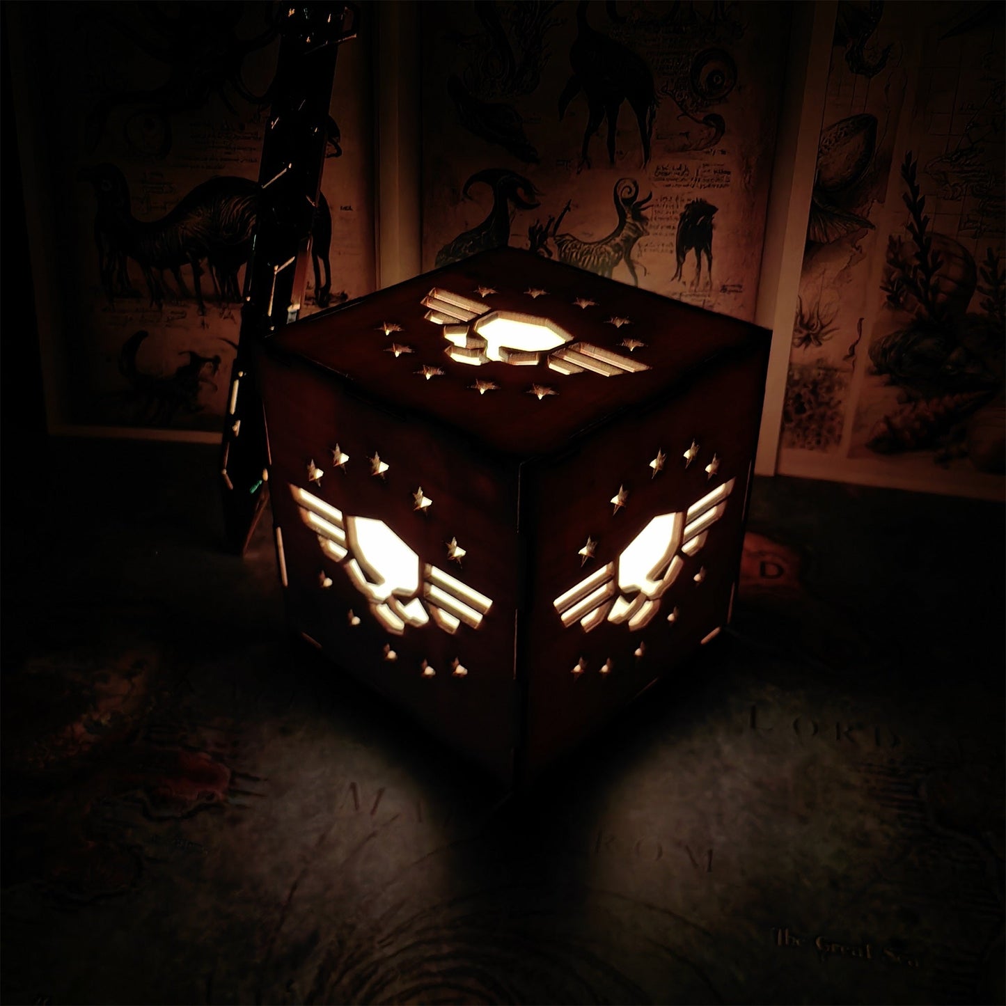 Winged Skull Badge Wood Cube Light Desk Decor