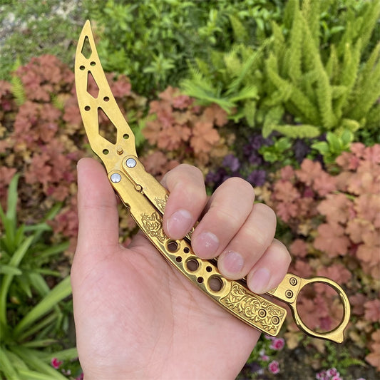 Blunt Blade Golden Plated Curved Karambit Shape Balisong Butterfly Knife Trainer