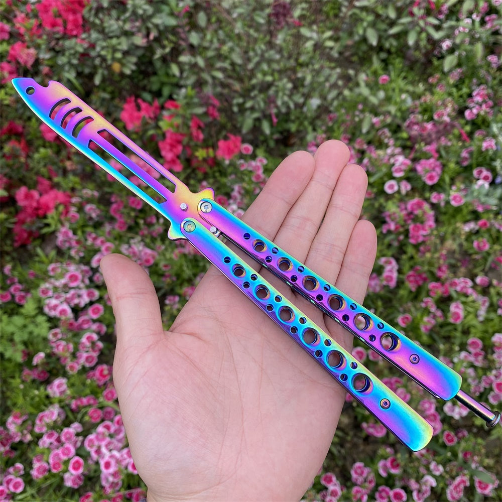 Stainless Steel Blunt Blade Balisong Rainbow Color Sword Head Comb Training Knife EDC