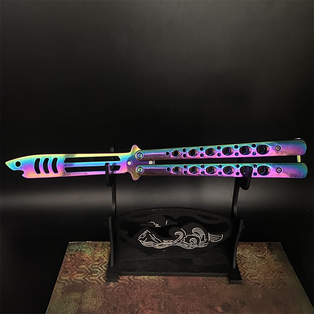 Stainless Steel Blunt Blade Balisong Rainbow Color Sword Head Comb Training Knife EDC