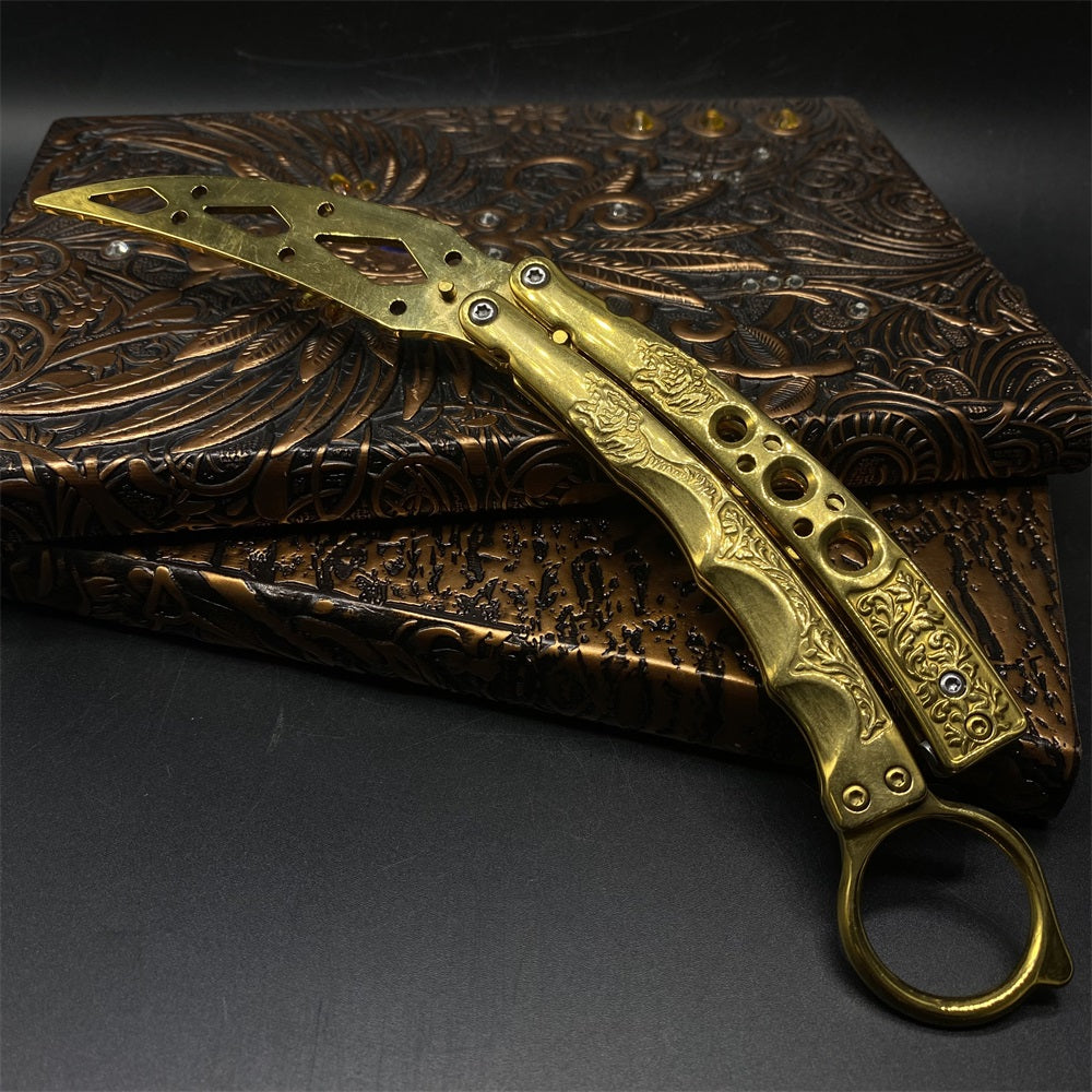 Blunt Blade Golden Plated Curved Karambit Shape Balisong Butterfly Knife Trainer