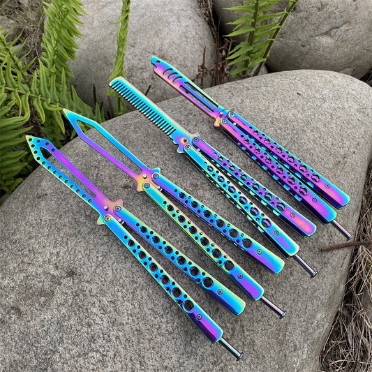 Stainless Steel Blunt Blade Balisong Rainbow Color Sword Head Comb Training Knife EDC