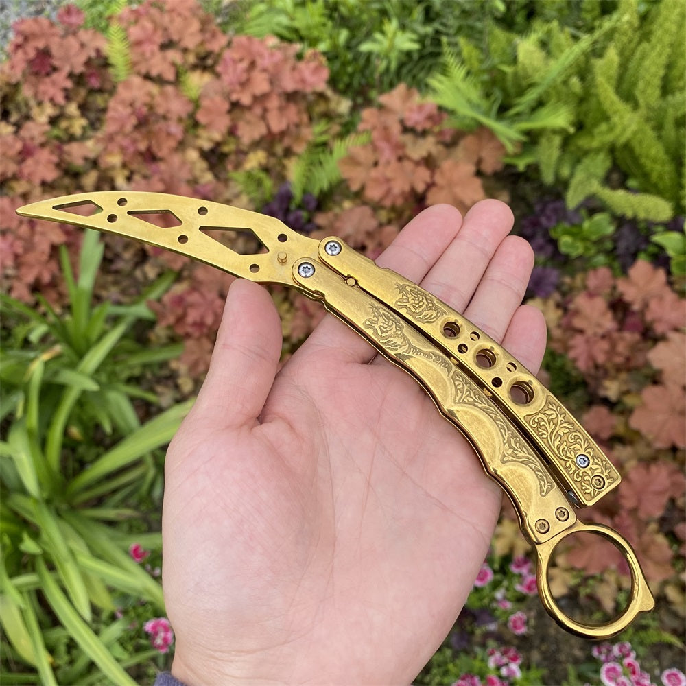 Blunt Blade Golden Plated Curved Karambit Shape Balisong Butterfly Knife Trainer