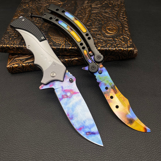 Case Hardened Nomad Metal Blunt Blade Balisong Trainer & Sharp Folding Knife 2 in 1 Pack